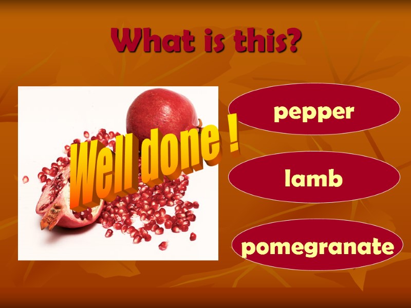 What is this? pomegranate pepper lamb Well done !